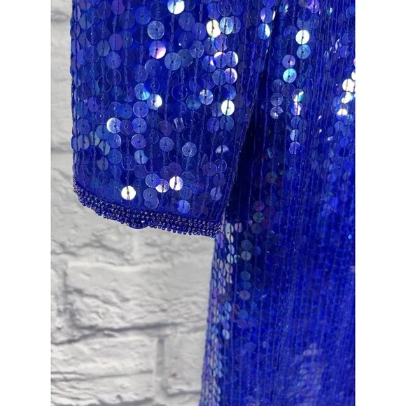 SCARLET RAGE Women's Vintage Blue Sequin Silk High Neck Sheath Dress Large - Picture 2 of 8